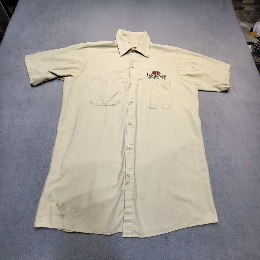 Red Kap Button Up Shirt Mens M Tan Short Sleeve Mechanic Workwear